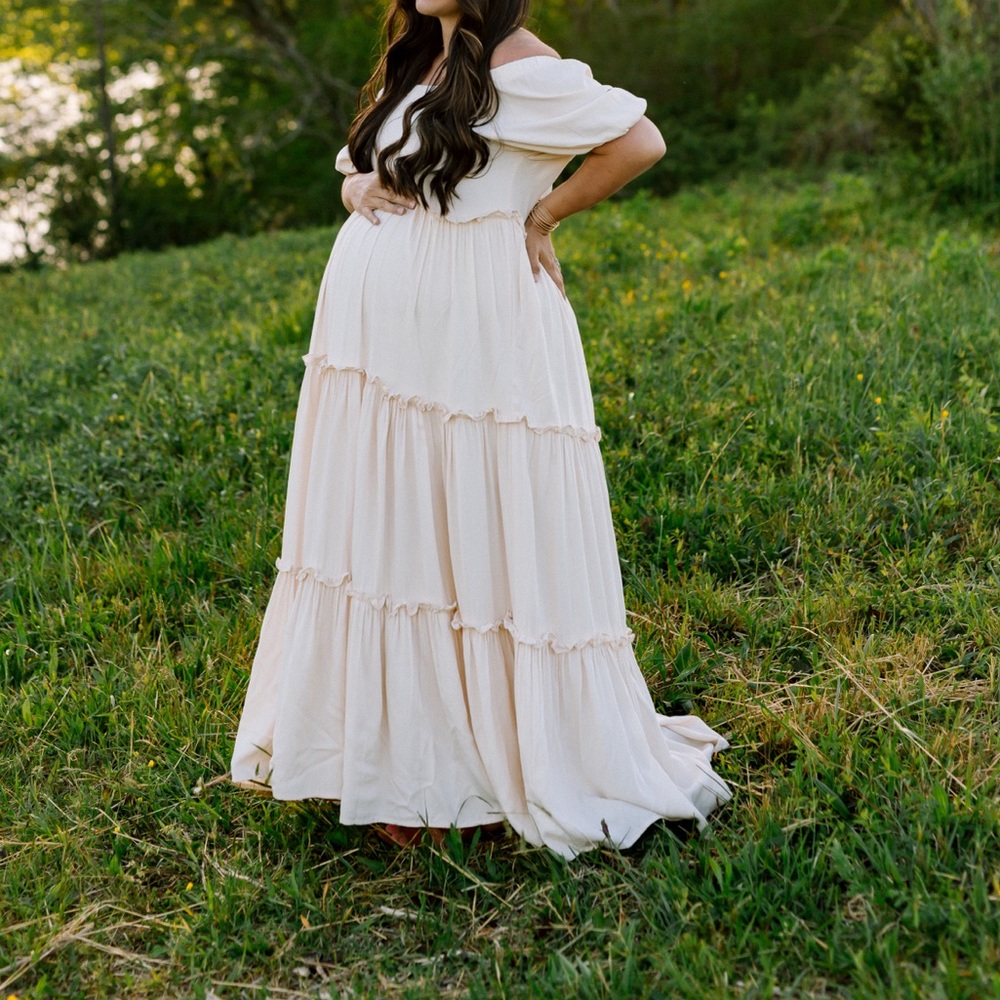 Pinkblush maternity ivory off shoulder boho maxi dress